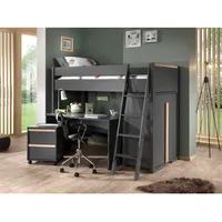 LONDON Hochbett Set, best. aus Hochbett mit Liegefläche 90 x 200 cm, Schreibtisch, Rollcontainer und Wäscheschrank, Ausf. Anthrazit, Absatz Buche natur massiv