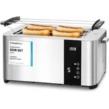 LEBENLANG Langschlitz Toaster 4 Scheiben mit Brötchenaufsatz - Touchscreen LED Display & 7 Stufen I 1400W 4er Langschlitztoaster Edelstahl Gebürstet I Smart Touch Toster für große Toastscheiben xxl