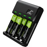 Green Cell VitalCharger Ladegerät + 2X AA 2000mAh + 2X AAA 800mAh für NI-MH AA AAA R6 R03 Mignon Akku. Mit Micro USB-C. 4-Kanal-Ladesystem - lädt ab 1 bis 4 AA oder AAA, LED-Signalisierung