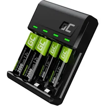 Green Cell VitalCharger Ladegerät + 2X AA 2000mAh + 2X AAA 800mAh für NI-MH AA AAA R6 R03 Mignon Akku. Mit Micro USB-C. 4-Kanal-Ladesystem - lädt ab 1 bis 4 AA oder AAA, LED-Signalisierung