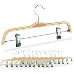 Relaxdays Kleiderbügel Hosen & Röcke, 12er Set, 2 bewegliche Klammern, B: 37,5 cm, Holz, drehbarer Haken, natur/silber