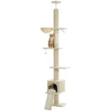 PAWZ Road Kratzbaum deckenhoch, Katzenbaum vom Boden bis zur Decke verstellbar, höhenverstellbar (216-273cm), Katzenturm mit Hängematte und Katzenhöhle, Anti-Sturzgurt Beige