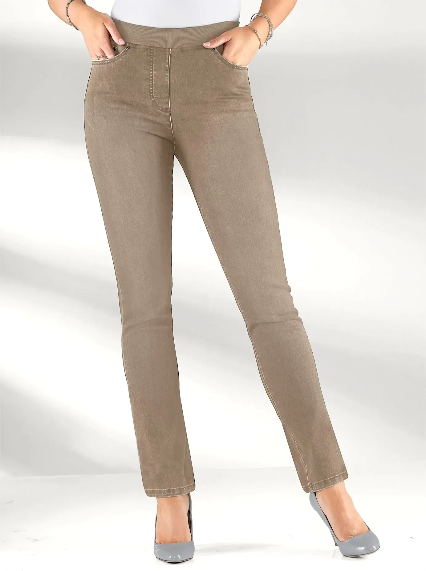 Schlupfjeans INSPIRATIONEN, Damen, Gr. 38, Normalgrößen, beige (sesam), 76% Baumwolle, 22% Polyester, 2% Elasthan, unifarben, lang, Jeans Schlupfjeans
