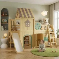 Hochbett 90x200 cm mit Rutsche & Kleiderschrank Kinderbett Hausbett aus Kiefernholz und MDF Etagenbett Spielbett mit Treppe & Stauraum Natur Grün - Naturbelassen