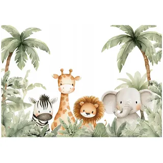 WallArena - Vlies Fototapete Kinderzimmer 350x250 cm Dschungel Tiere - Fototapeten Tapeten für Kinder Mädchen & Jungen - Kindertapete - Kinderzimmertapete weiß grün Wald