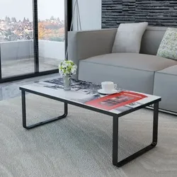 Couchtisch Glasplatte | vidaXL : Farbe - Schwarz (Rahmen) und Telefonzelle-Motiv (Glasplatte)