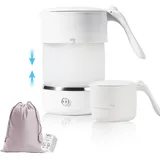 Adirigo Mini Wasserkocher 0,5L Lebensmittelechtes BPA-frei 680 W Schnellheizung Reise Wasserkocher 304 Edelstahlboden mit Reiseadapter Weltweit (Weiß)