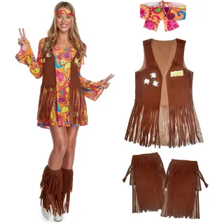 Morph Hippie Kostüm Damen, 70er Jahre Outfit Damen, 70er Jahre Bekleidung, Hippie Kleid, Halloween Kostüm Frauen, Karneval Kostum Frauen, Fasching, XL - XL