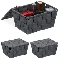 Relaxdays 3 x Aufbewahrungskorb mit Deckel, Flechtoptik, Bad Organizer
