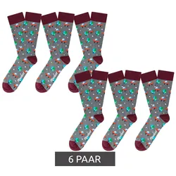 6 Paar Moustard Alien Herren Baumwoll-Socken mit Alien und Ufo Allover-Print gemusterte lange Strümpfe 17S-ALIEN Dunkelrot/Grau - 41-46