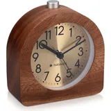 Navaris Analog Holz Wecker mit Snooze - Retro Uhr Halbrund mit Ziffernblatt Gold Alarm Licht - Leise Tischuhr ohne Ticken - Naturholz in Dunkelbraun