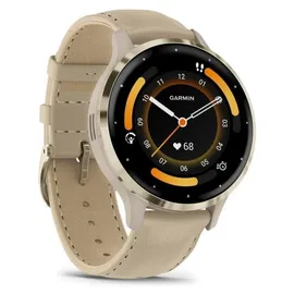 Garmin Venu 3S french gray/softgold mit Schnellwechsel-Leder-Armband + Schnellwechsel-Silikon-Armband french gray/softgold