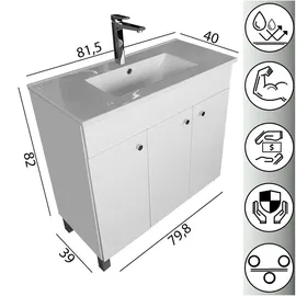 paplinskimoebel Waschbecken mit Waschtischunterschrank stehend weiß lackiert glänzende Tür 80 cm, eleganter Badezimmerschrank, | Weiß
