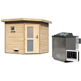 Woodfeeling Karibu Gartensauna Pultdach Saunahaus Mikka mit Eckeinstieg-9 kW Bio-Kombiofen inkl. Steuergerät-Milchglas-Saunatür (blickdicht) inkl. 8-teiligem gratis Zubehörpaket (Gesamtwert 191,92€)