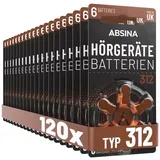 Absina Hörgerätebatterien 312 120 Stück mit gut greifbarer Schutzfolie - Batterien für Hörgeräte 312 Zink Luft mit 1,45V - Typ 312 Hörgeräte Batterie Braun - PR41 ZL3 P312 Hörgerätebatterien