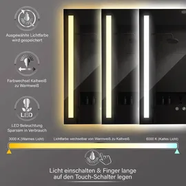 Hoko LED Badspiegel Wandspiegel 50x70cm + Anti-Beschlag - Lichtfarbe stufenlos einstellbar - Touch - Wandschalter - Speicherfunktion IP44 Koblenz - Transparent