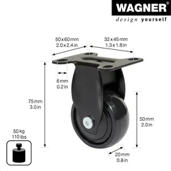 WAGNER Design - 3C Bockrolle soft - Durchmesser Ø 50 mm, schwarz, Anschraubplatte, Tragkraft 50 kg - 01245201