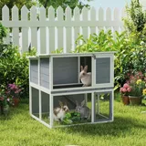 Hasenstall 2 Etagen Kaninchenstall Aus Holz Mit Wetterfest Aufklappbar Dach, Freilaufgehege, Rampe, 98x95x102,5 Cm Grau