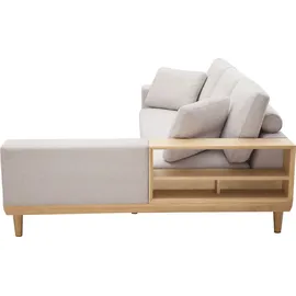 miliboo Ecksofa rechts 5-Sitzer mit Stauraum beiger Stoff mit strukturiertem Samteffekt und helles Holz KOMAO