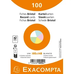 Exacompta 10554E 20x Karteikarten A6, Packung mit 100 Stück eingeschweißt, blanko, nicht gelocht, Farben sortiert - Farben sortiert