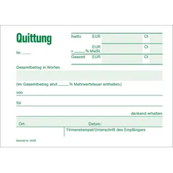 RNK-Verlag Formularbuch Quittung mit MwSt. separat ausgewiesen, mit fortlaufenden Nummern DIN A6 quer 50 Seiten