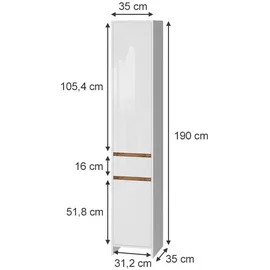 Vicco Badschrank Weiß Eiche 35 x 190 cm mit 2 Türen und eine Schublade