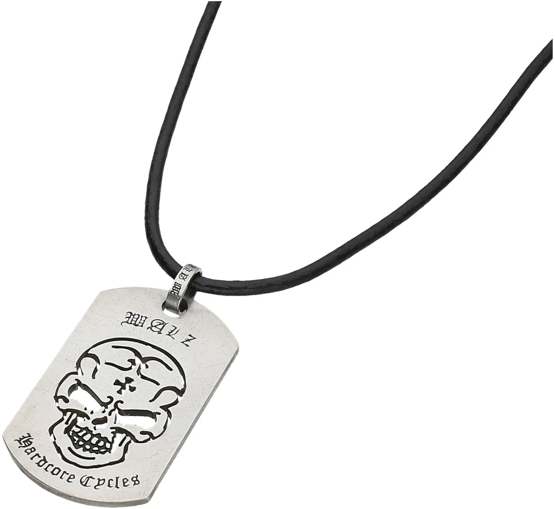 Kette mit Anhänger WALZ HARDCORE CYCLES "mit Totenkopf, Lederband, Edelstahl", Damen, Gr. 60cm, Edelstahl, schwarz, Halsketten