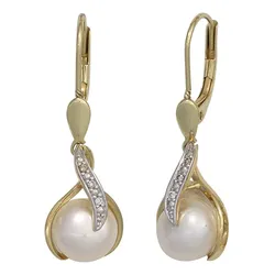 Perlenohrringe JOBO, gelb (gelbgold 585), Ohrringe, Damen, SI = kleine Einschlüsse, Gelbgold 585-Diamanten-Perlen, Gelbgold 585, Diamanten, Perlen, 585 Gold mit 6 Diamanten und Süßwasser-Zuchtperlen