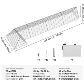 Vevor Hühnertunnel, 400 x 100 x 61,5 cm (L x B x H) Hühnerkäfig für den Hof, tragbare Hühnertunnel für draußen mit Eckrahmen, Hühnerstall-Auslauf, geeignet für Hühner, Enten, Kaninchen
