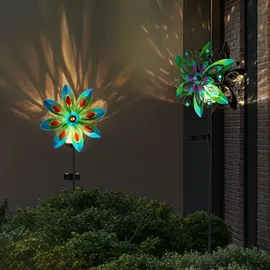 GLOBO Gartendeko Windrad LED Solarleuchte, Glaskugel, bunt Außenlampe Erdspieß, Metall kupferfarben, Bruchglas, warmweiß, 2er Set