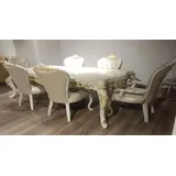 Casa Padrino Esszimmer-Set Luxus Barock Esszimmer Set Grau / Weiß / Gold - 1 Barock Esstisch & 6 Barock Esszimmerstühle mit elegantem Muster - Esszimmer Möbel im Barockstil - Edel & Prunkvoll