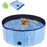 DEWEL Hundepool, Faltbar Hundepool für Große Hunde, Planschbecken für Hunde, mit Haltegriff & Hundepflege Bürste, Blau, 80x30 cm