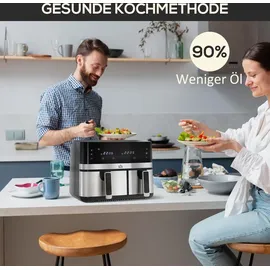 Homcom Heißluftfritteuse 8,5L Fritteuse mit Doppelkammer, 8 in 1 Rezeptur, Schwarz