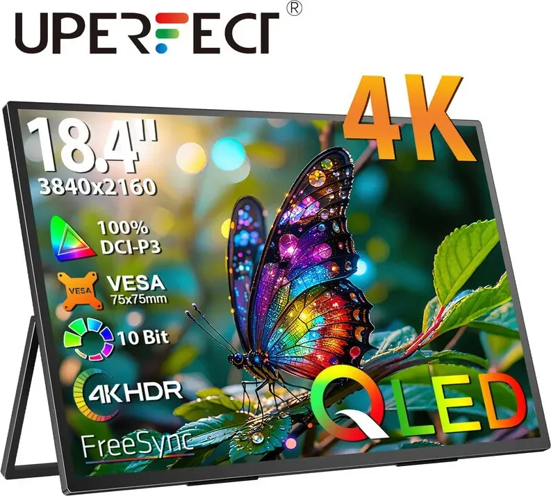 UPERFECT 18,4 Zoll 4K tragbarer Monitor, 10 Bit, mit VESA & Stand, 180° verstellbar, ultraflach & leicht, randlos, FHD, FreeSync, IPS, HDR, Gaming-Display, Reise-Zweitmonitor für Laptop
