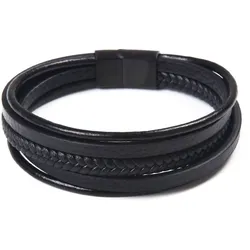 Lederarmband FIRETTI "im maskulinen Design, mehrreihig, teilweise geflochten", schwarz, Armbänder, Herren, Edelstahl-Leder, Edelstahl, Leder