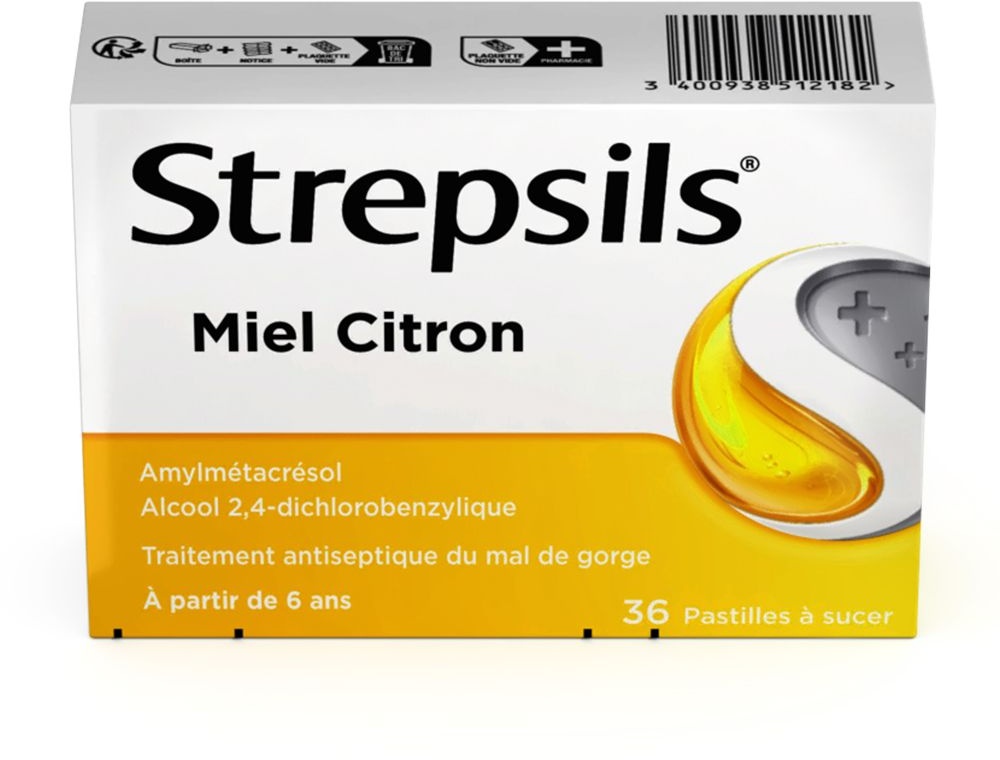 Strepsils Miel Citron - Traitement Antiseptique du Mal de Gorge - À partir de 6 ans 36 pc(s) comprimé(s) à sucer