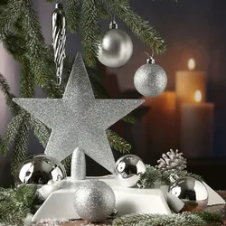 Weihnachtskugeln mit Stern Baumspitze Christbaumkugeln bruchfest silber 33er Set