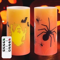 Yeelida Halloween Flickering Flameless Pillar Candl,Geist und Spinne Batteriebetriebene LED-Echtwachskerzen mit Fernbedienung und Timer-Funktion(7,5x15 CM,2er Pack)