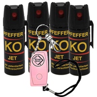 Set - Pfefferspray 50 ml Tierabwehr Selbstverteidigung KO Jet Sprühstrahl hochdosiert Verteidigungsspray 5 Meter Reichweite + Taschen-Alarm 120 dB Sirene Panikalarm (4xJet 50ml+Soft-rosa)