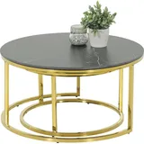 Hela Couchtisch Joel rund 2er Set 80x41/60x37 cm Sintered Stone Mamor-Optik schwarz/goldfarbig