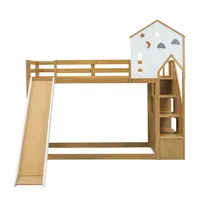 autolock Kinderbett Etagenbett,Hausbett,Kinderbett,Hochbett mit Ecktreppe,Dach und Fenster, mit 3 Schließfächer in der Treppe, Etagenbett mit Rutsche, Kiefer+MDF beige