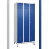C+P Spind Classic PLUS, Füßen, 3 Abteile, HxBxT 195x90x50cm, Zylinderschloss, Hellgrau/Enzianblau von PROREGAL