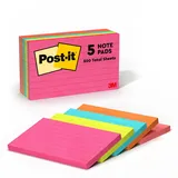 Post-it Notes, 4 in x 6 in, Lined, 5 Pads/Pack 100 Sheets/Pad Klebezettel Blau, Orange, Pink, Gelb Blätter Selbstklebend