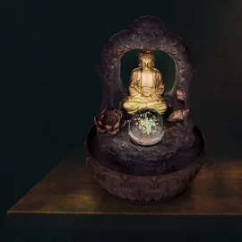 Lemodo Zimmerbrunnen mit LED-Beleuchtung, Dekobrunnen “Buddha mit Lotusblüte” für die Wohnung