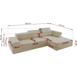 MKS Meble L-form Ecksofa RILASSO mit Relax-Funktion, verstellbare Kopfstützen - Creme Plüsch - Links - Creme