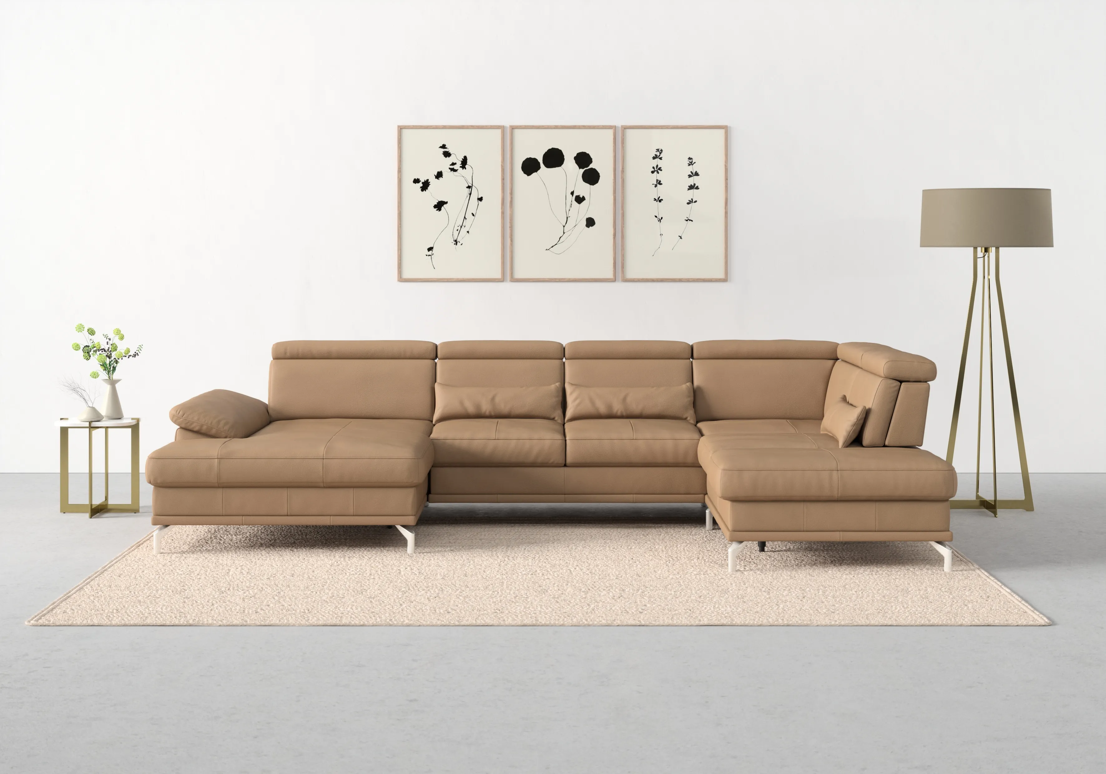 Wohnlandschaft SIT&MORE "Cabrio U-Form" Sofas Gr. B/H/T: 359 cm x 87 cm x 230 cm, NaturLEDER-Spannstoff, Recamiere links, mit Sitztiefenverstellung-mit Kopfteilverstellung-mit Armteilfunktion-mit 3 Nierenkissen-mit Armteilfunktion-mit 3 Nierenkissen, gelb (curry) Leder-Wohnlandschaft Sitztiefenverstellung und Federkern, jeweils inklusive 3 Nierenkissen