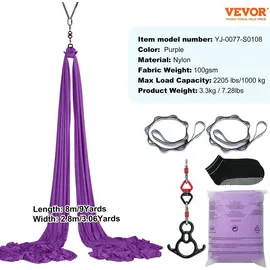 Vevor Aerial Yoga Hängematte Set 8 x 2,8 m, Lila Aerial Yoga Swing Air Fliegen, Indoor Aerial Yoga Hammock Swing 1000 kg Max. Tragfähigkeit, inkl. & Stahlkarabiner & Alu-Drehgelenk