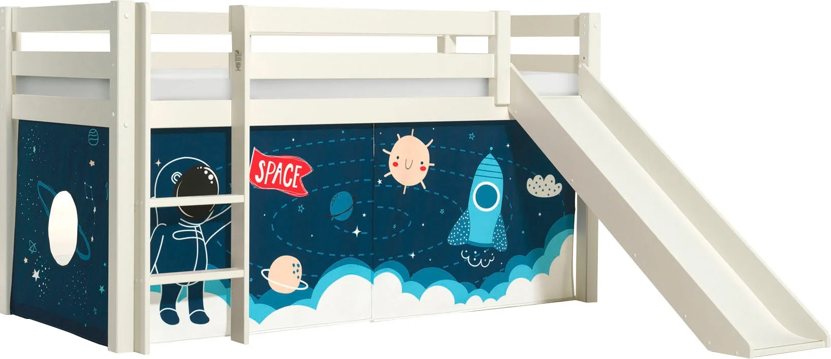 Spielbett » Pino«, (Made in Europe), Hochbett mit Textil-Set, inkl. Rolllattenrost, Leiter und Rutsche, weiß, , 88219727-0 mit Textilset Space Shuttle