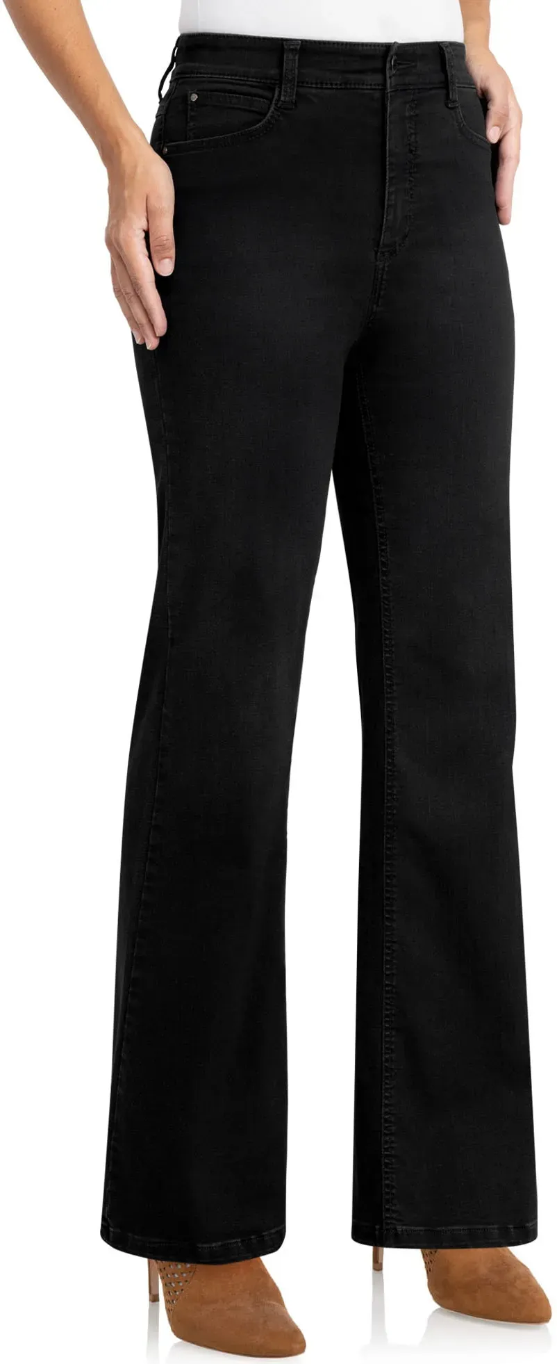Schlagjeans WONDERJEANS, Damen, Gr. 42, Länge 32, schwarz, Denim/Jeans, Obermaterial: 48% Polyester, 30% Baumwolle, 12% Viskose, 6% Lyocell (TENCELTM), 4% Elasthan, unifarben, bootcut fit lang, Jeans, Flared, mit Stretch