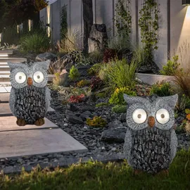 ETC Shop Solar Eule Gartenskulptur für Außen Gartendeko Figur Skulptur grau Akku, Kunststoff, 2x LED 3000K, LxBxH 13,5x11,5x19,5 cm, 2er Set